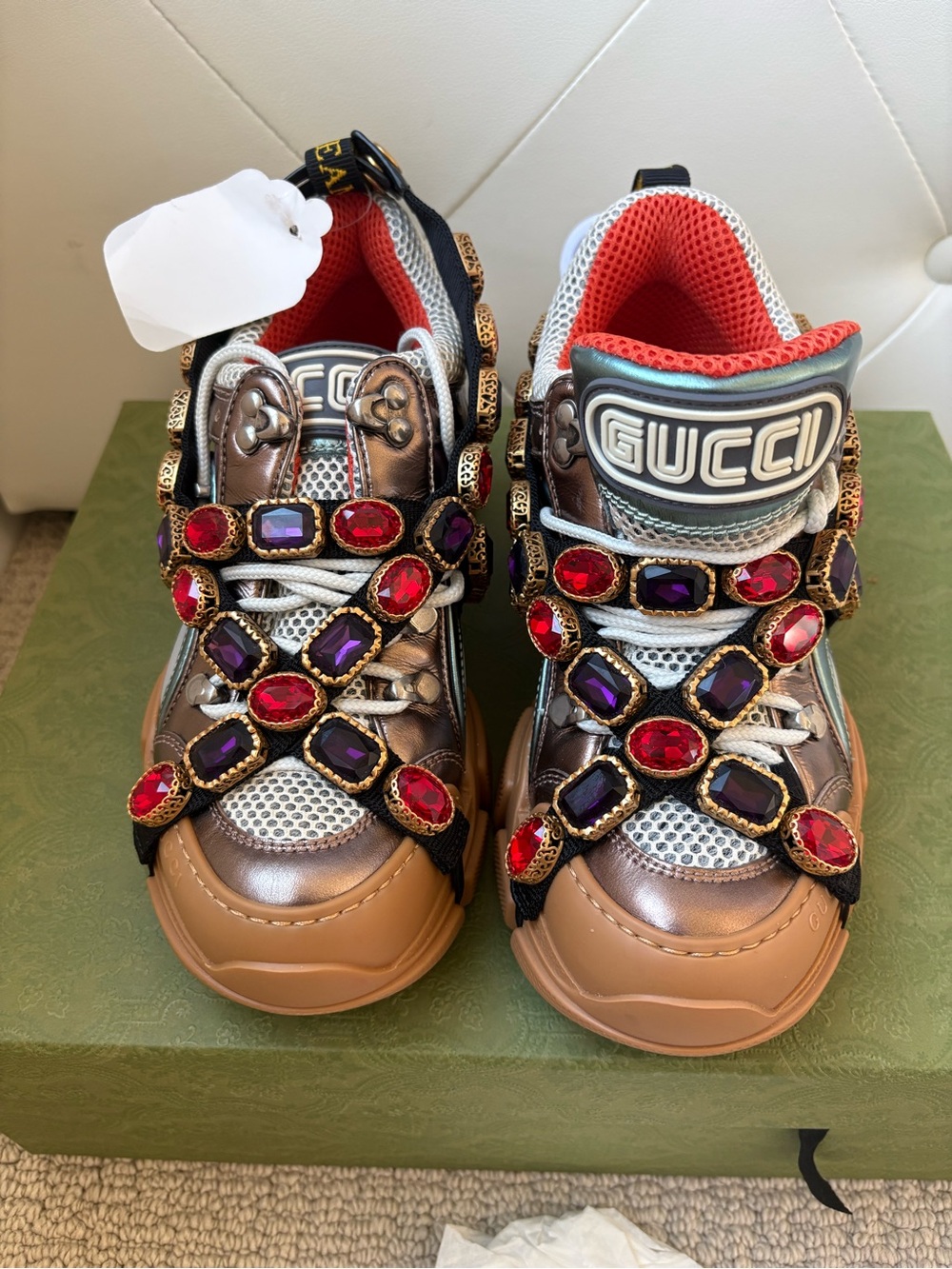 Gucci Metallic Bronze Sneakers with Red and Purple Jewel Straps